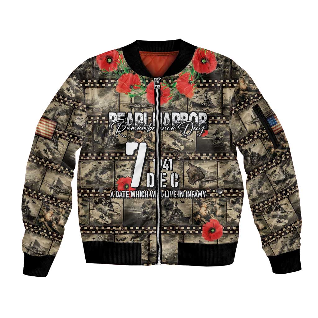 Pearl Harbor Remembrance Day Personalized Sleeve Zip Bomber Jacket Memories of December 7 with Red Poppy Lei - Wonder Print Shop