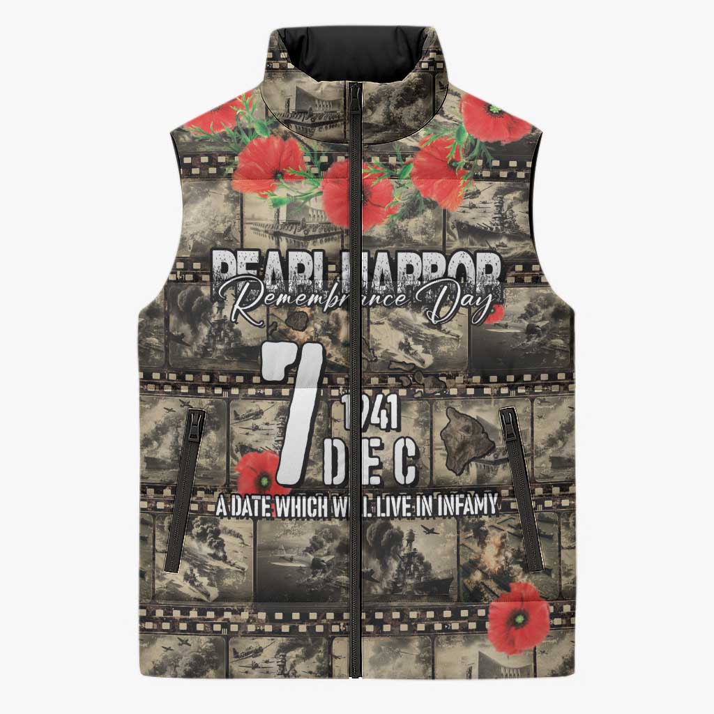 Pearl Harbor Remembrance Day Personalized Sleeveless Puffer Jacket Memories of December 7 with Red Poppy Lei - Wonder Print Shop