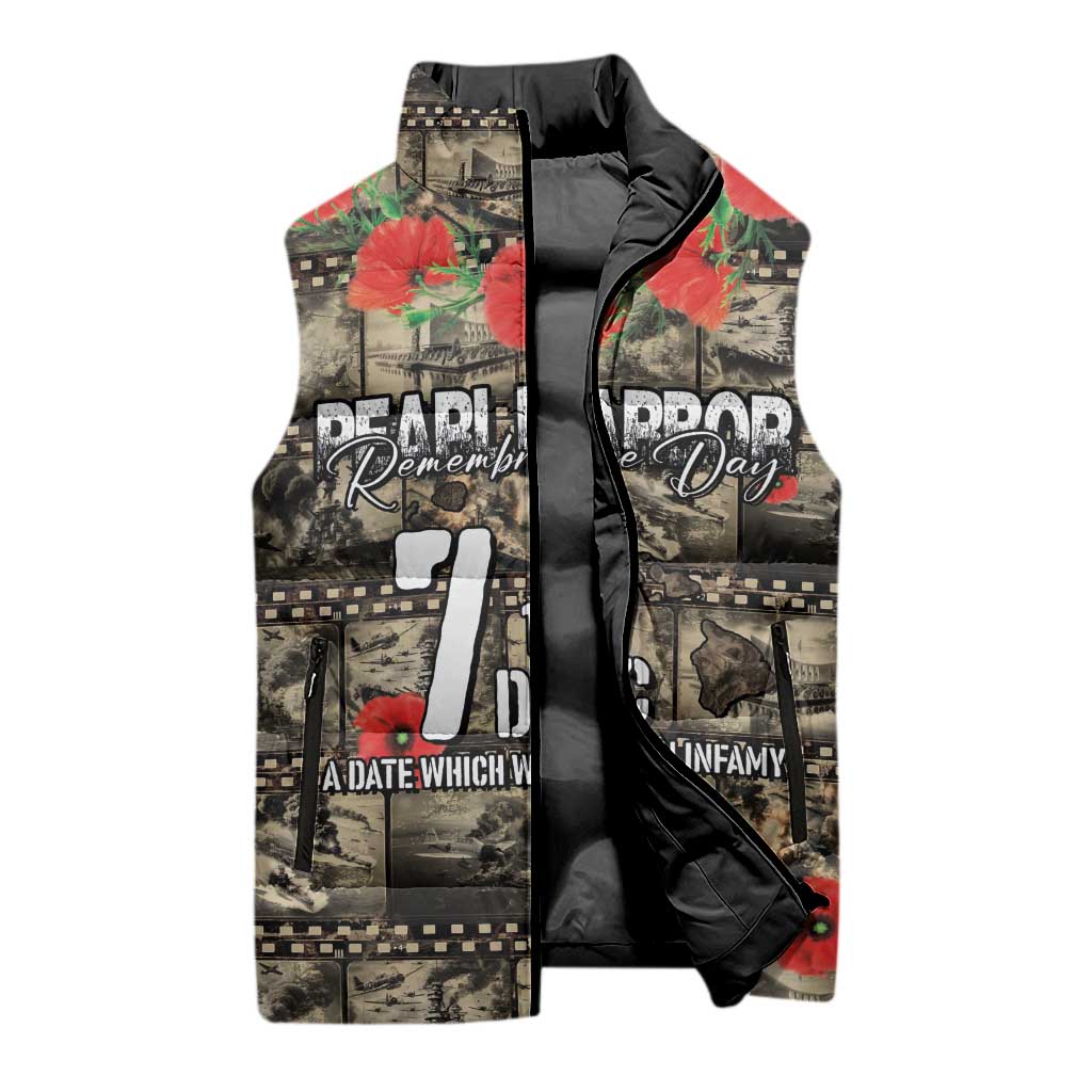 Pearl Harbor Remembrance Day Personalized Sleeveless Puffer Jacket Memories of December 7 with Red Poppy Lei - Wonder Print Shop