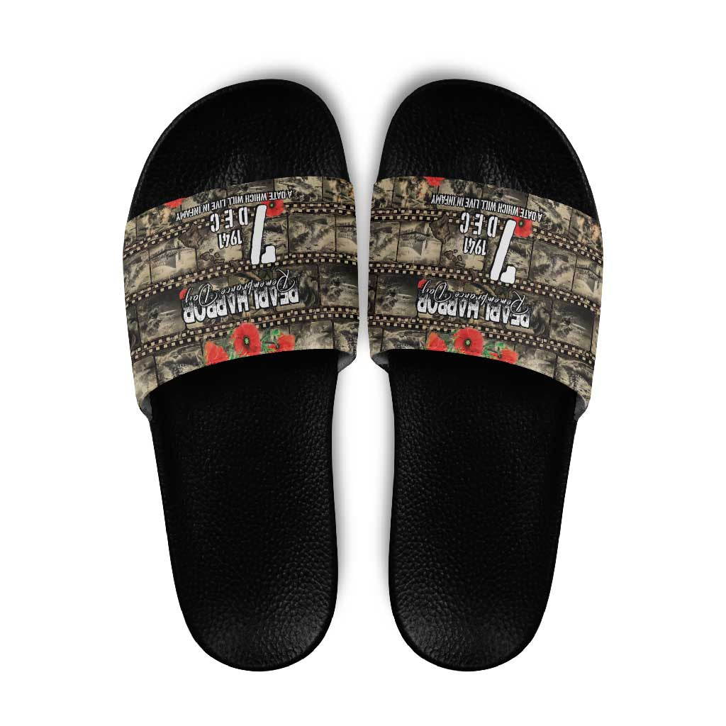 Pearl Harbor Remembrance Day Slide Sandals Memories of December 7 with Red Poppy Lei - Wonder Print Shop