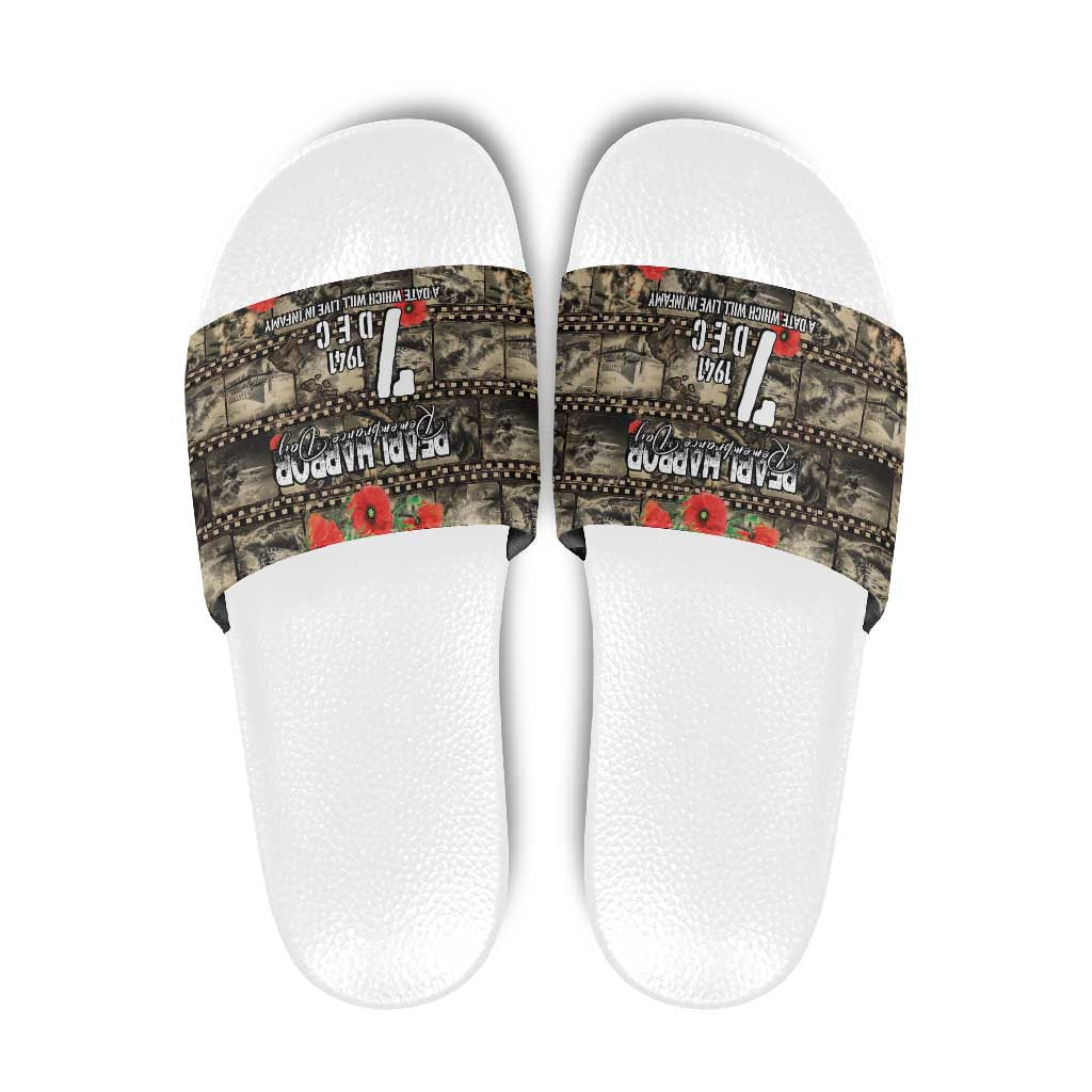 Pearl Harbor Remembrance Day Slide Sandals Memories of December 7 with Red Poppy Lei - Wonder Print Shop
