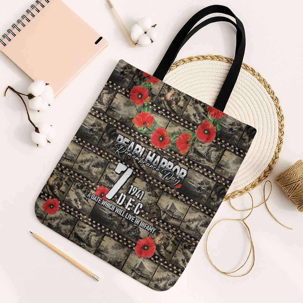 Pearl Harbor Remembrance Day Tote Bag Memories of December 7 with Red Poppy Lei - Wonder Print Shop