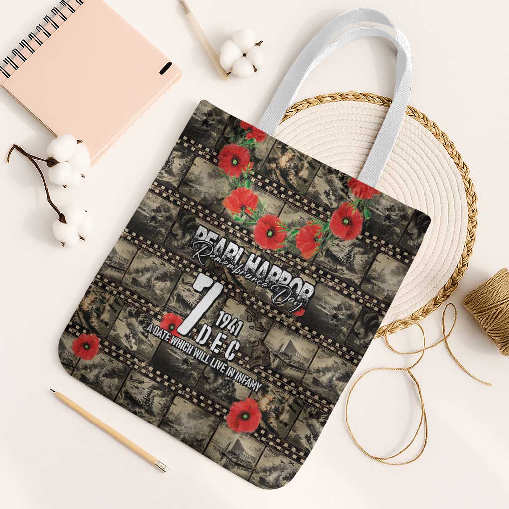 Pearl Harbor Remembrance Day Tote Bag Memories of December 7 with Red Poppy Lei - Wonder Print Shop