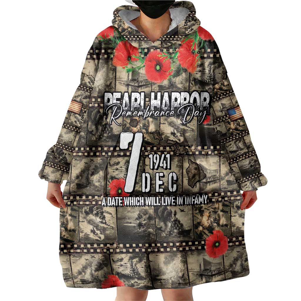 Pearl Harbor Remembrance Day Personalized Wearable Blanket Hoodie Memories of December 7 with Red Poppy Lei - Wonder Print Shop