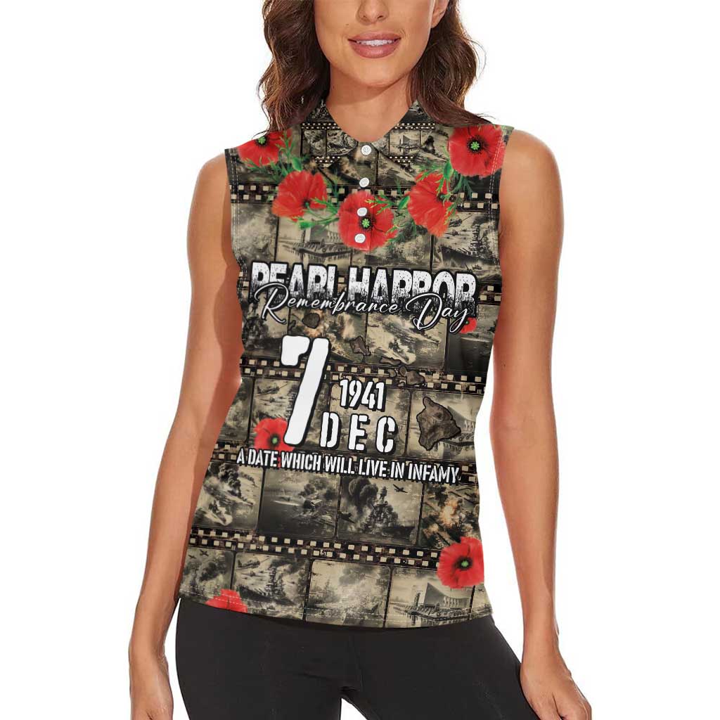 Pearl Harbor Remembrance Day Personalized Women Sleeveless Polo Shirt Memories of December 7 with Red Poppy Lei - Wonder Print Shop