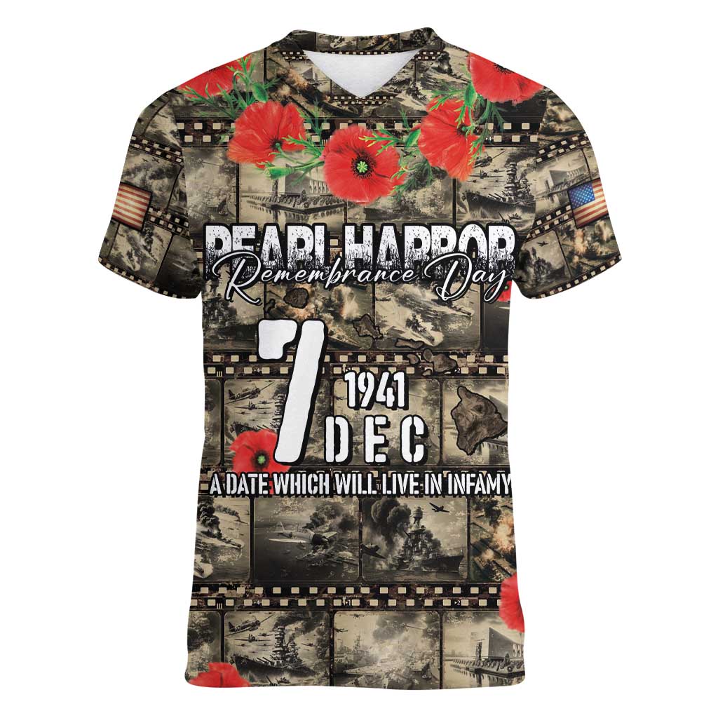 Pearl Harbor Remembrance Day Personalized Women V-Neck T-Shirt Memories of December 7 with Red Poppy Lei - Wonder Print Shop