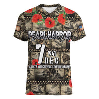 Pearl Harbor Remembrance Day Personalized Women V-Neck T-Shirt Memories of December 7 with Red Poppy Lei - Wonder Print Shop
