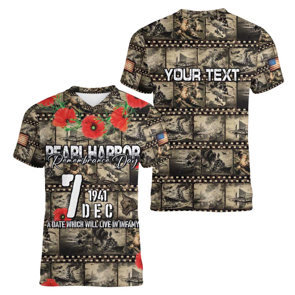 Pearl Harbor Remembrance Day Personalized Women V-Neck T-Shirt Memories of December 7 with Red Poppy Lei - Wonder Print Shop