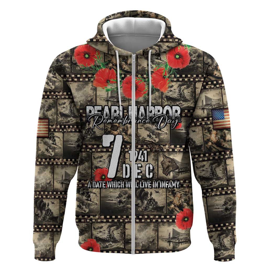 Pearl Harbor Remembrance Day Personalized Zip Hoodie Memories of December 7 with Red Poppy Lei - Wonder Print Shop