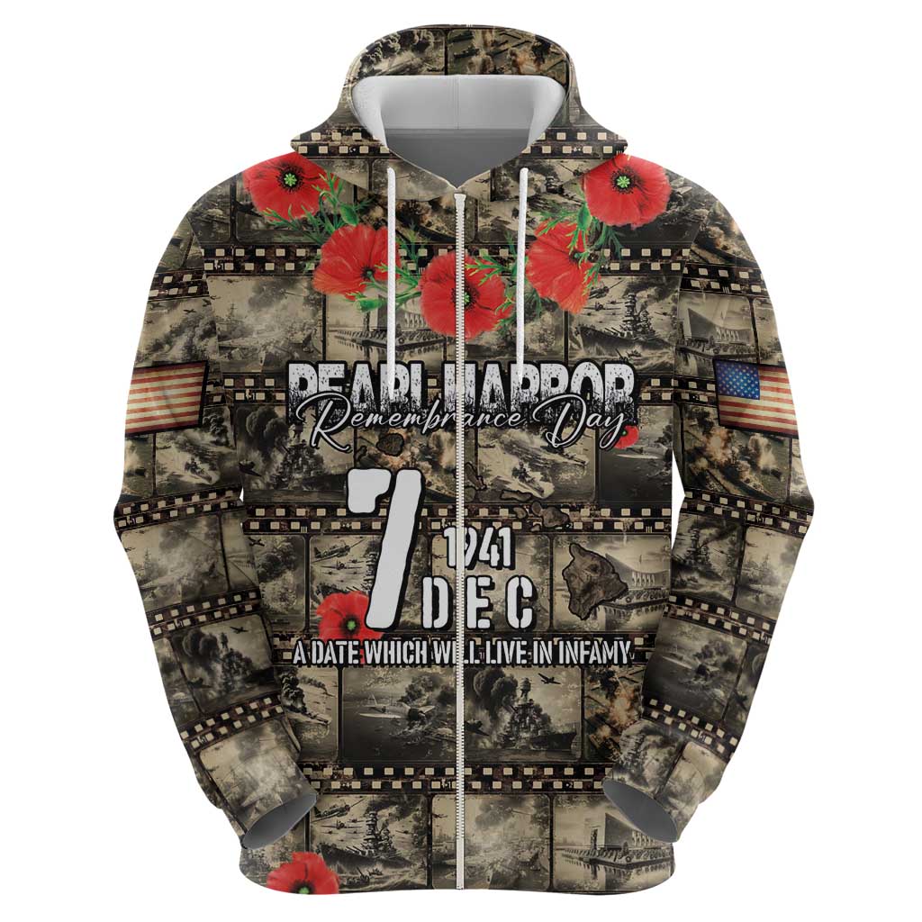 Pearl Harbor Remembrance Day Personalized Zip Hoodie Memories of December 7 with Red Poppy Lei - Wonder Print Shop