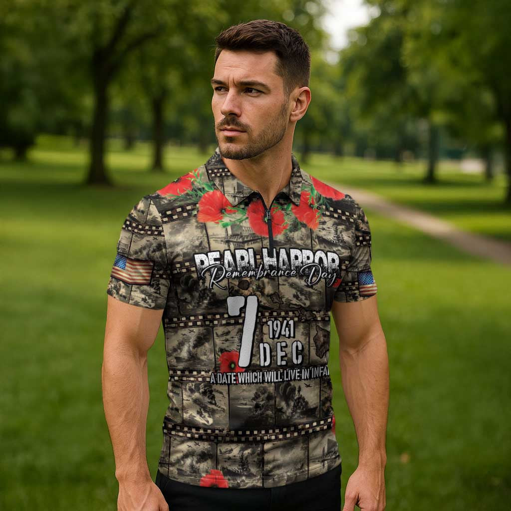 Pearl Harbor Remembrance Day Personalized Zipper Polo Shirt Memories of December 7 with Red Poppy Lei - Wonder Print Shop