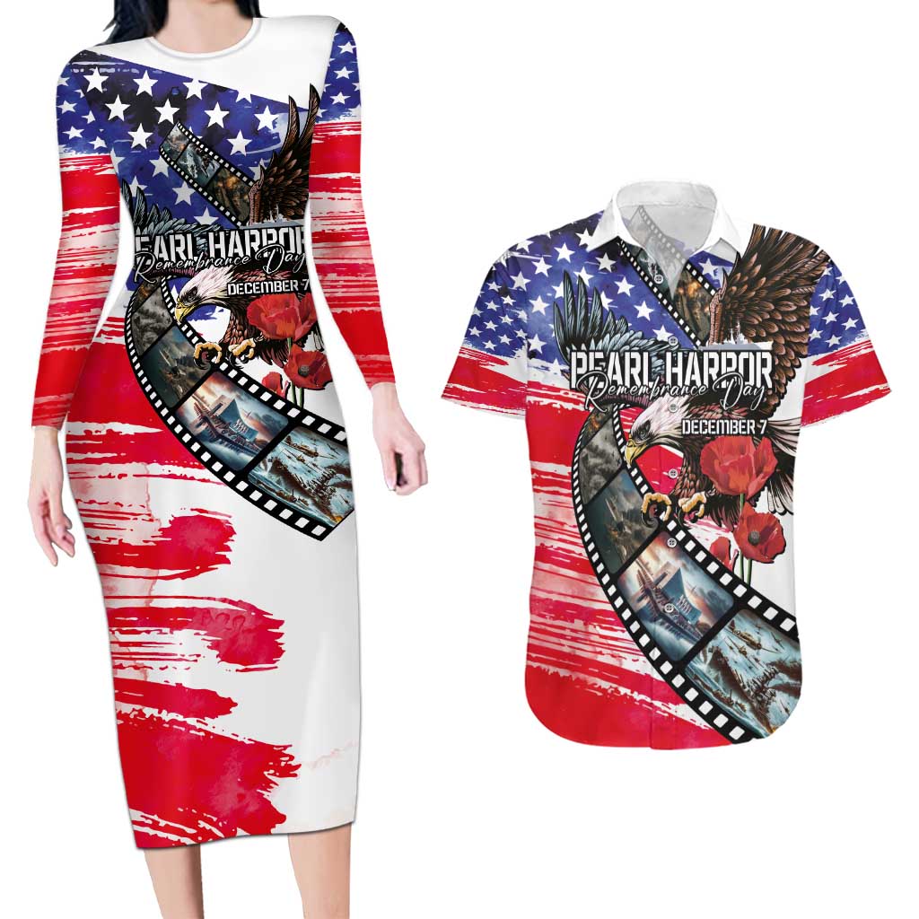 Pearl Harbor Remembrance Day Personalized Couples Matching Long Sleeve Bodycon Dress and Hawaiian Shirt Lest We Forget - The Bald Eagle Remembers - Wonder Print Shop
