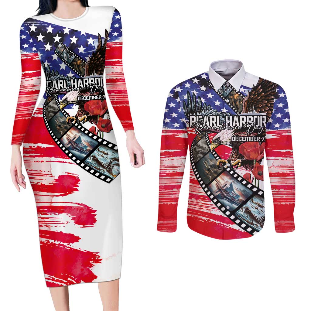Pearl Harbor Remembrance Day Personalized Couples Matching Long Sleeve Bodycon Dress and Long Sleeve Button Shirt Lest We Forget - The Bald Eagle Remembers - Wonder Print Shop