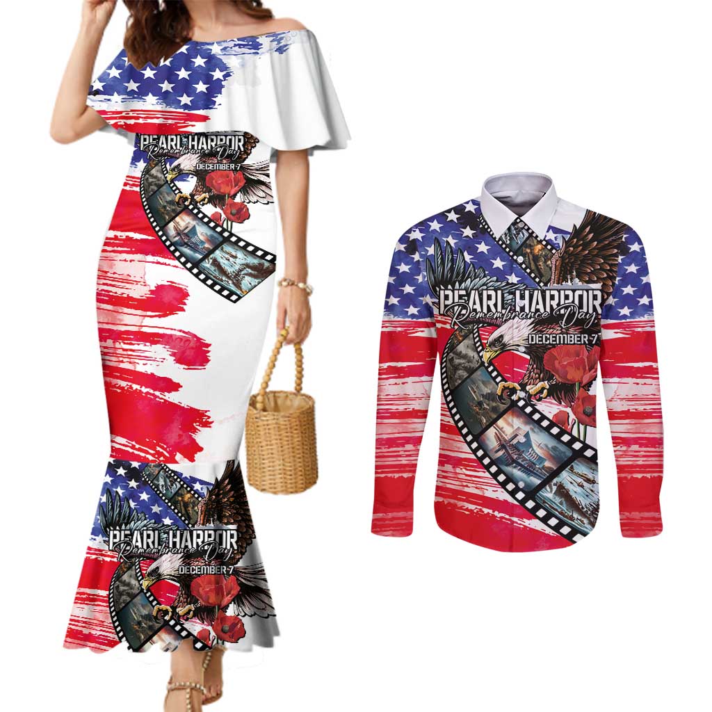 Pearl Harbor Remembrance Day Personalized Couples Matching Mermaid Dress and Long Sleeve Button Shirt Lest We Forget - The Bald Eagle Remembers - Wonder Print Shop