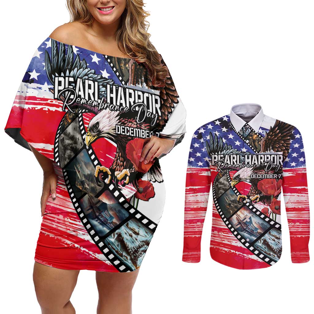 Pearl Harbor Remembrance Day Personalized Couples Matching Off Shoulder Short Dress and Long Sleeve Button Shirt Lest We Forget - The Bald Eagle Remembers - Wonder Print Shop