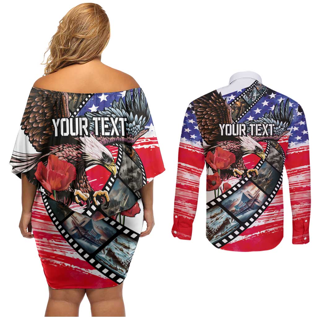 Pearl Harbor Remembrance Day Personalized Couples Matching Off Shoulder Short Dress and Long Sleeve Button Shirt Lest We Forget - The Bald Eagle Remembers - Wonder Print Shop