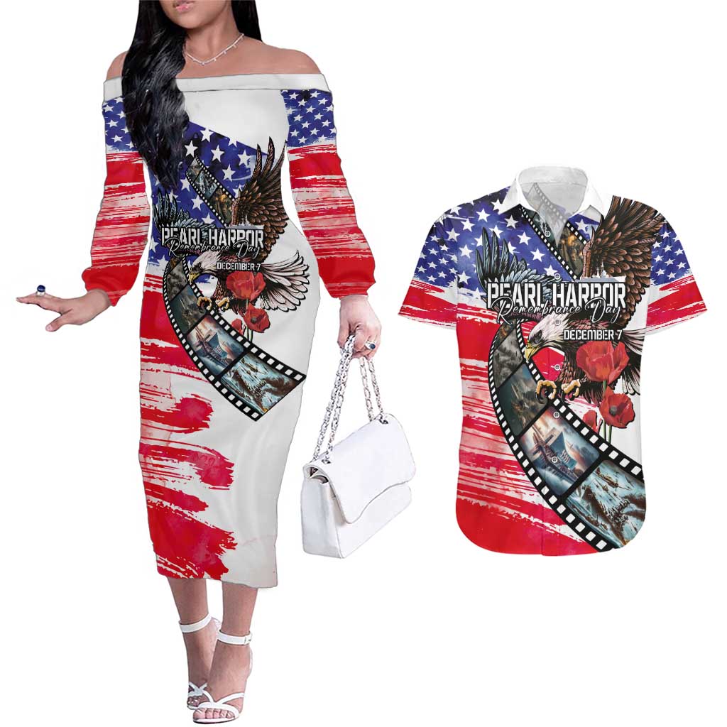 Pearl Harbor Remembrance Day Personalized Couples Matching Off The Shoulder Long Sleeve Dress and Hawaiian Shirt Lest We Forget - The Bald Eagle Remembers - Wonder Print Shop
