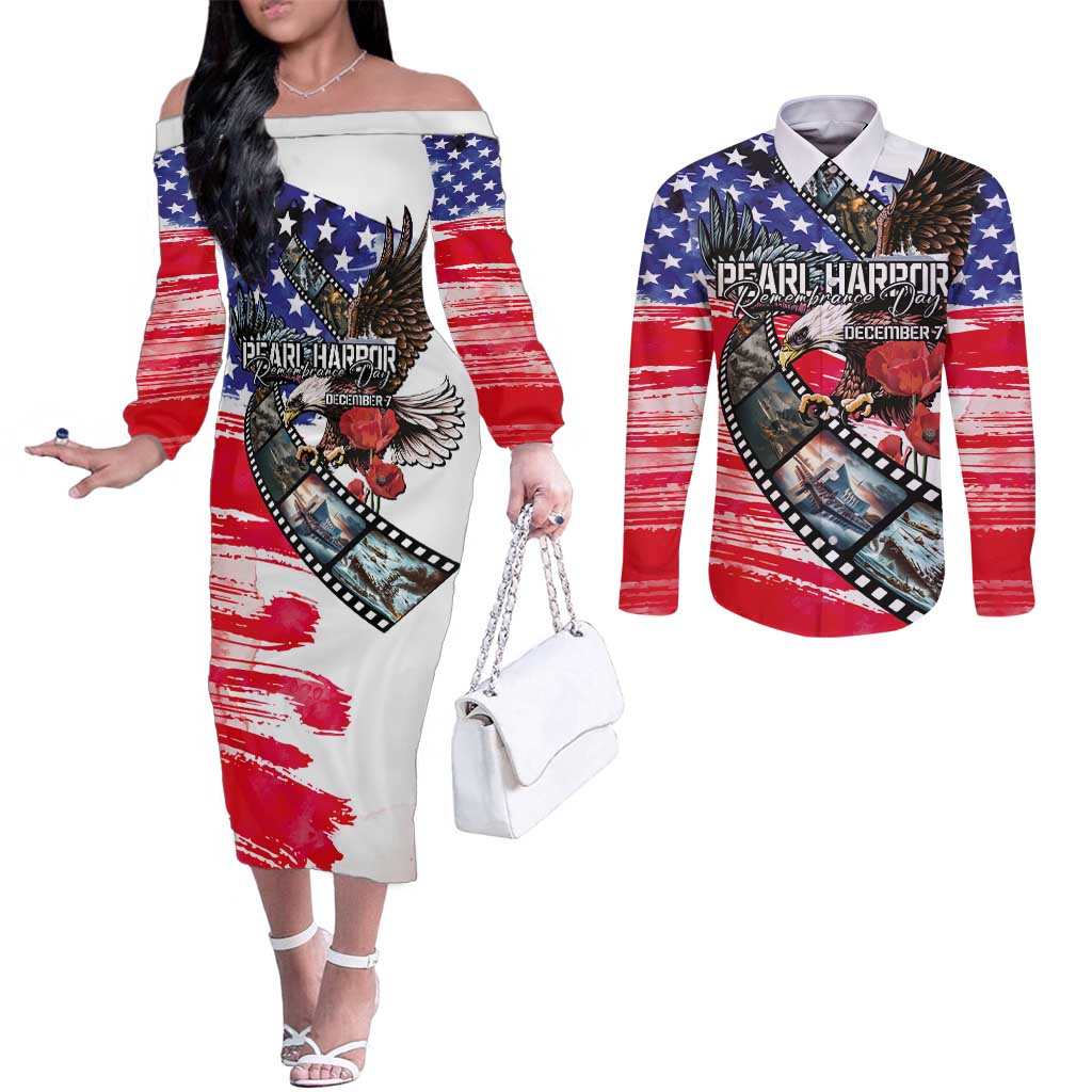 Pearl Harbor Remembrance Day Personalized Couples Matching Off The Shoulder Long Sleeve Dress and Long Sleeve Button Shirt Lest We Forget - The Bald Eagle Remembers - Wonder Print Shop
