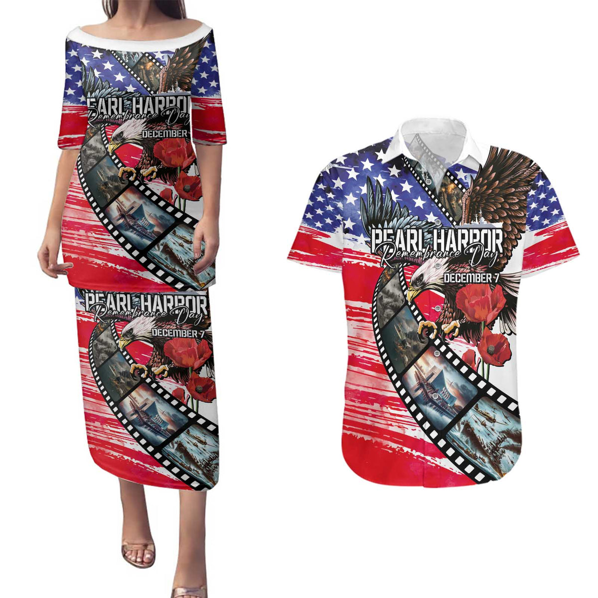 Pearl Harbor Remembrance Day Personalized Couples Matching Puletasi and Hawaiian Shirt Lest We Forget - The Bald Eagle Remembers - Wonder Print Shop