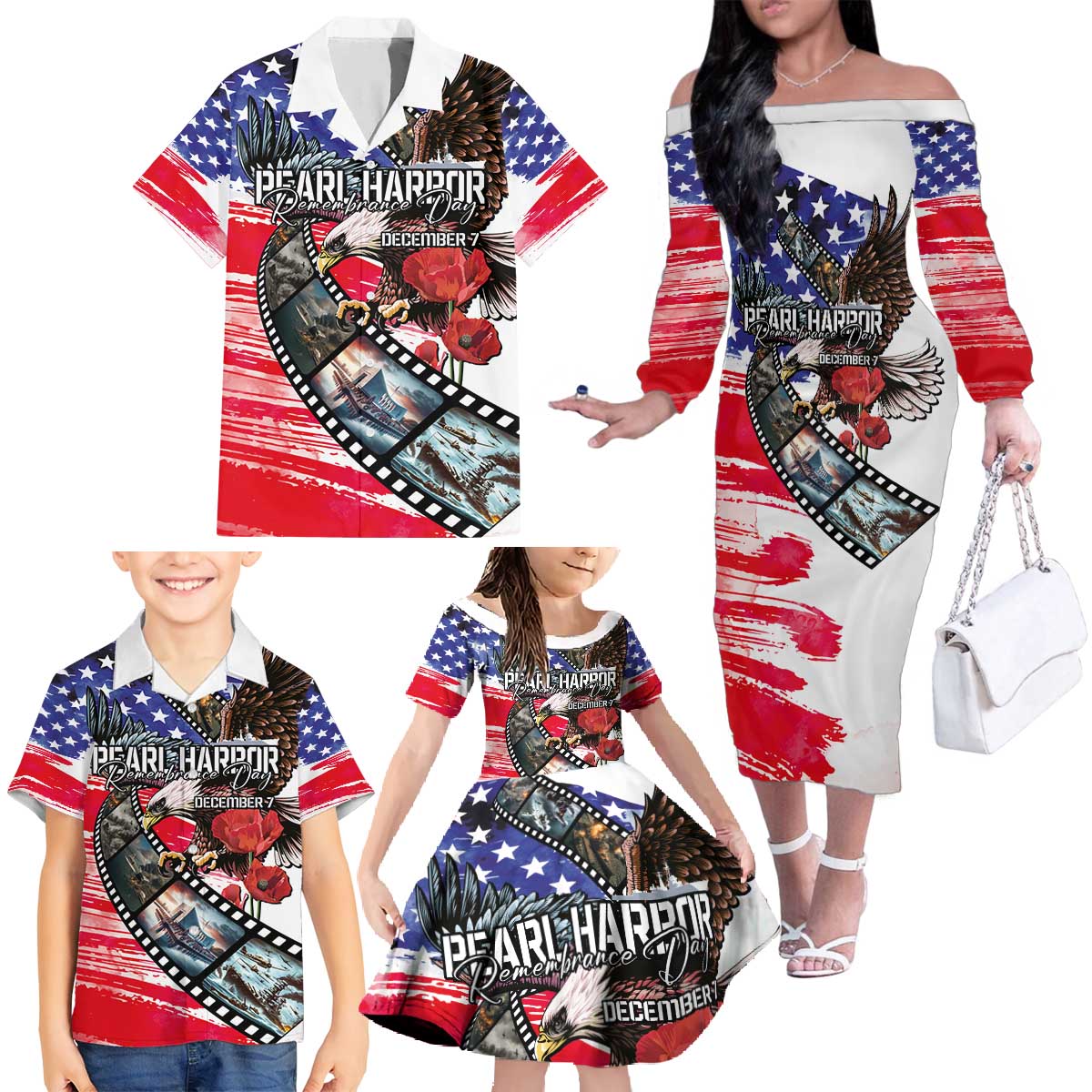Pearl Harbor Remembrance Day Personalized Family Matching Off The Shoulder Long Sleeve Dress and Hawaiian Shirt Lest We Forget - The Bald Eagle Remembers - Wonder Print Shop