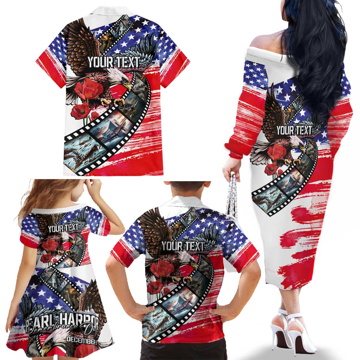 Pearl Harbor Remembrance Day Personalized Family Matching Off The Shoulder Long Sleeve Dress and Hawaiian Shirt Lest We Forget - The Bald Eagle Remembers - Wonder Print Shop