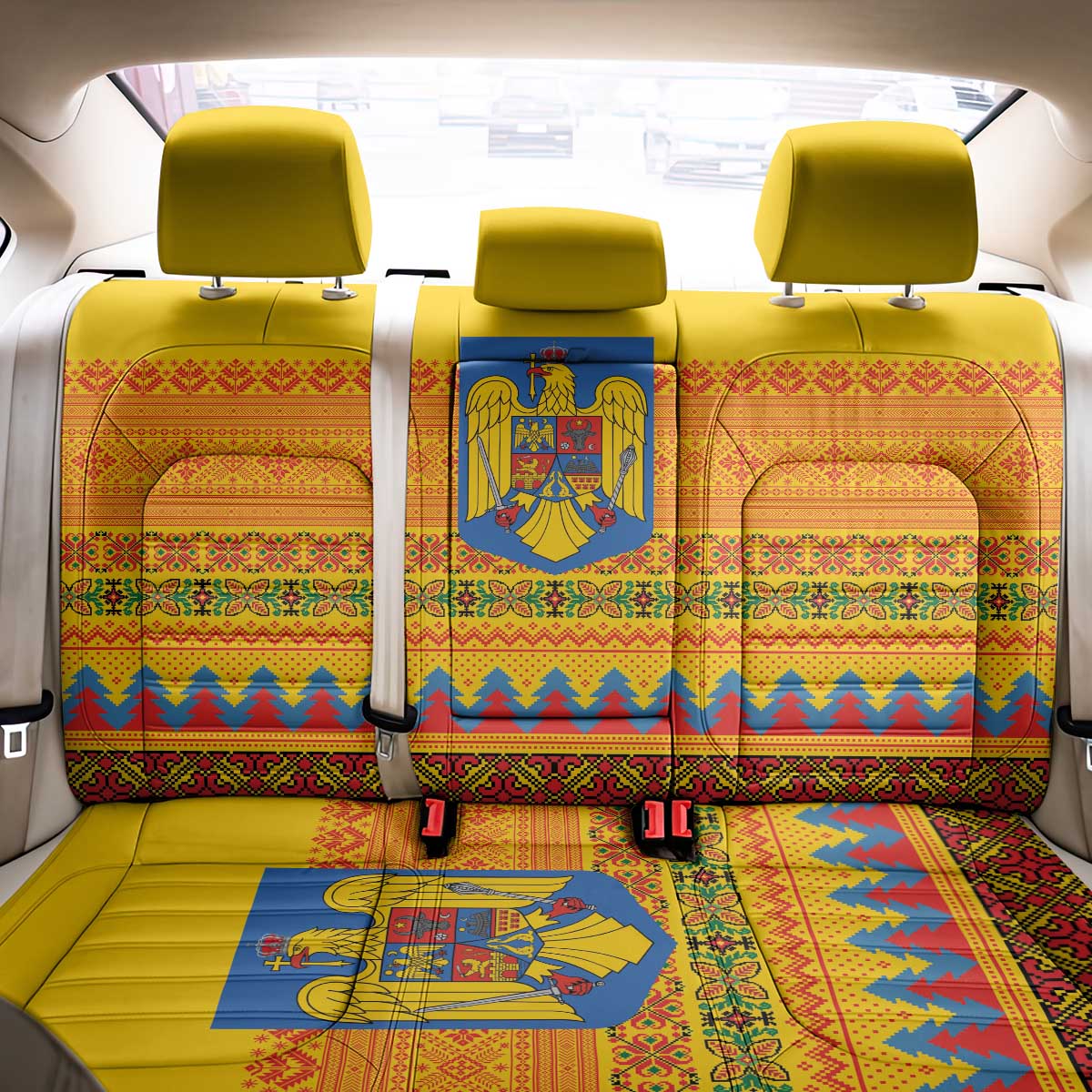Romania Merry Christmas Back Car Seat Cover Romania Emblem Traditional Folk Art - Wonder Print Shop