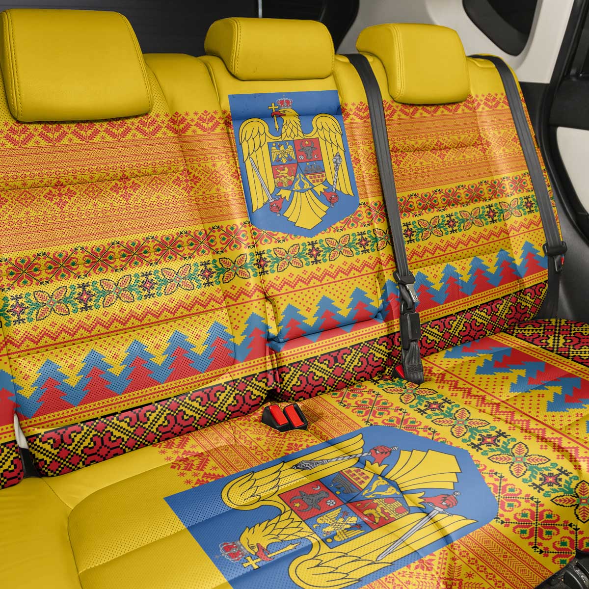 Romania Merry Christmas Back Car Seat Cover Romania Emblem Traditional Folk Art - Wonder Print Shop
