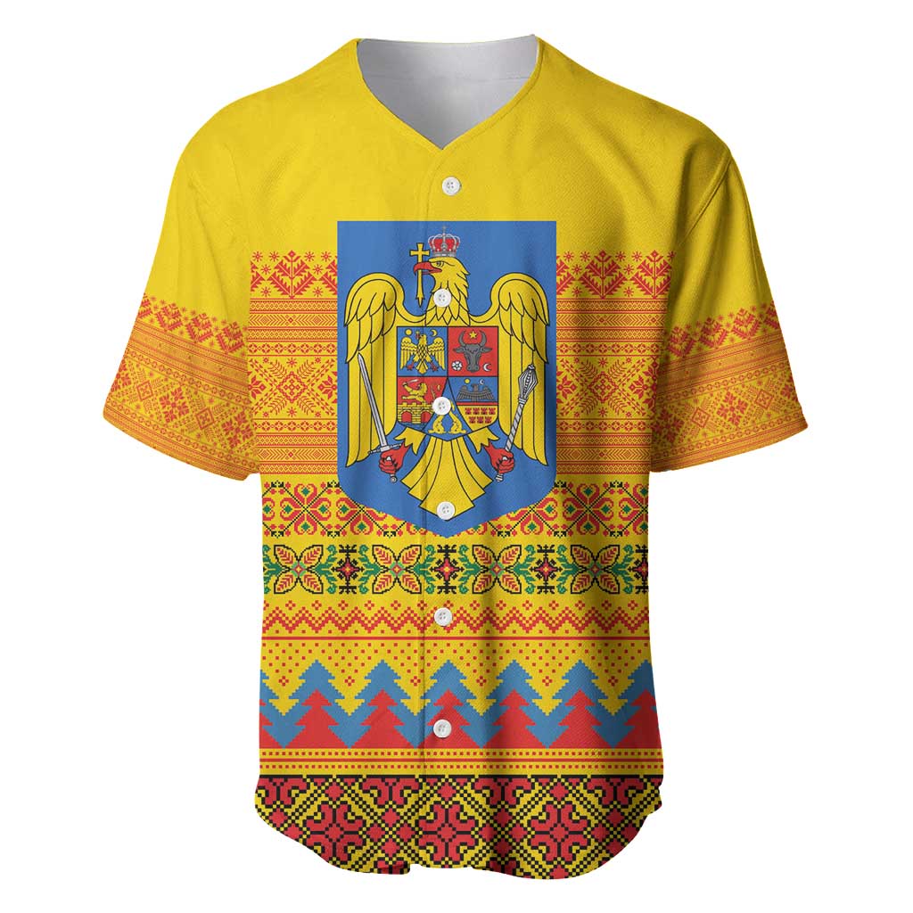 Romania Merry Christmas Baseball Jersey Romania Emblem Traditional Folk Art - Wonder Print Shop