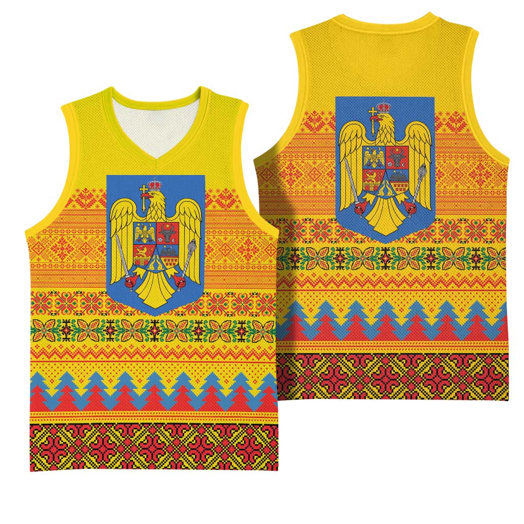 Romania Merry Christmas Basketball Jersey Romania Emblem Traditional Folk Art - Wonder Print Shop