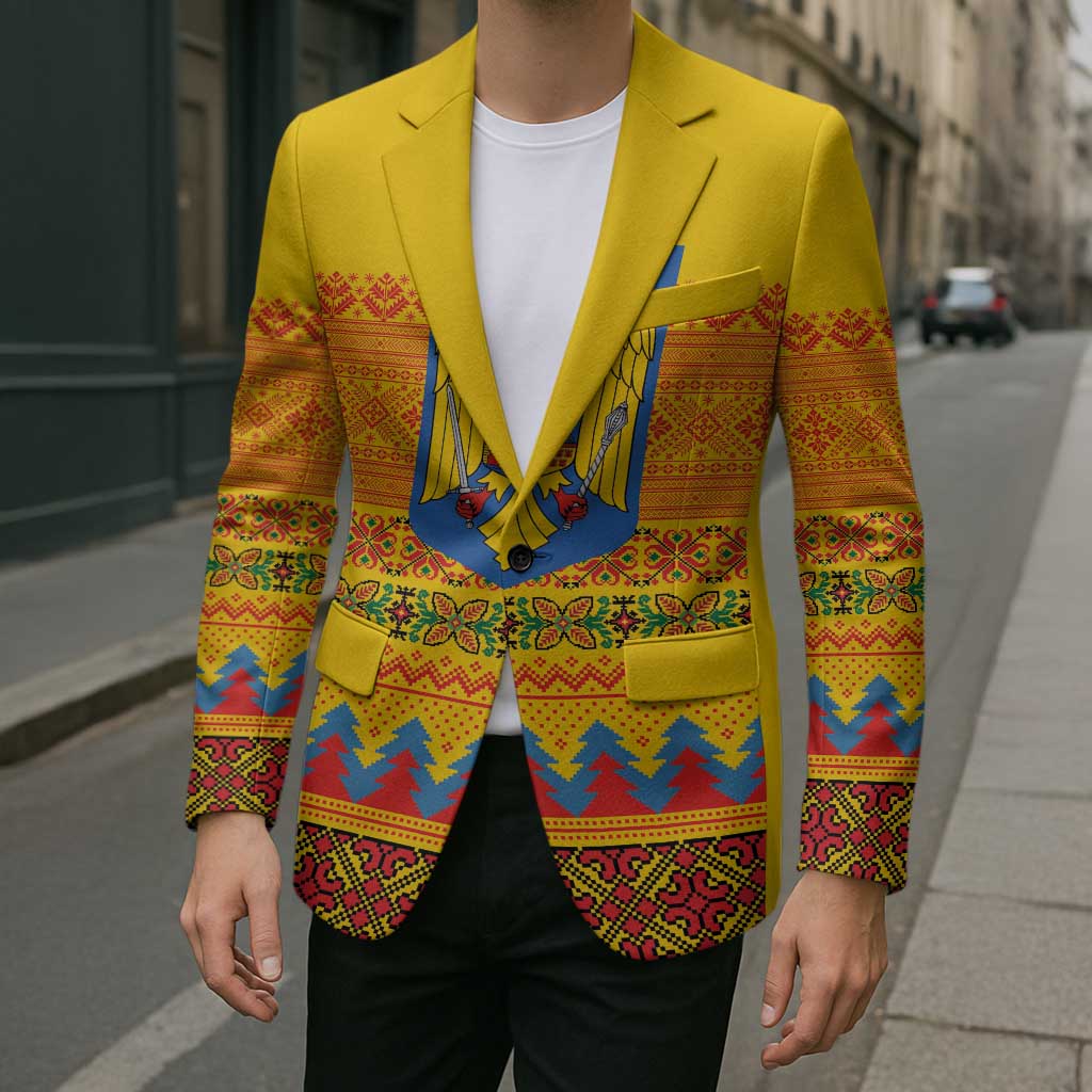 Romania Merry Christmas Blazer Romania Emblem Traditional Folk Art - Wonder Print Shop