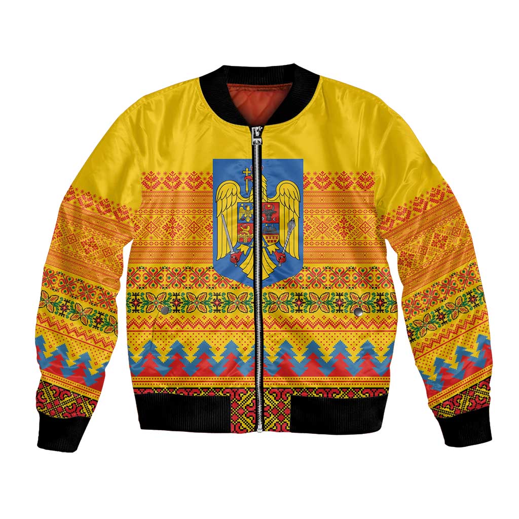 Romania Merry Christmas Bomber Jacket Romania Emblem Traditional Folk Art - Wonder Print Shop