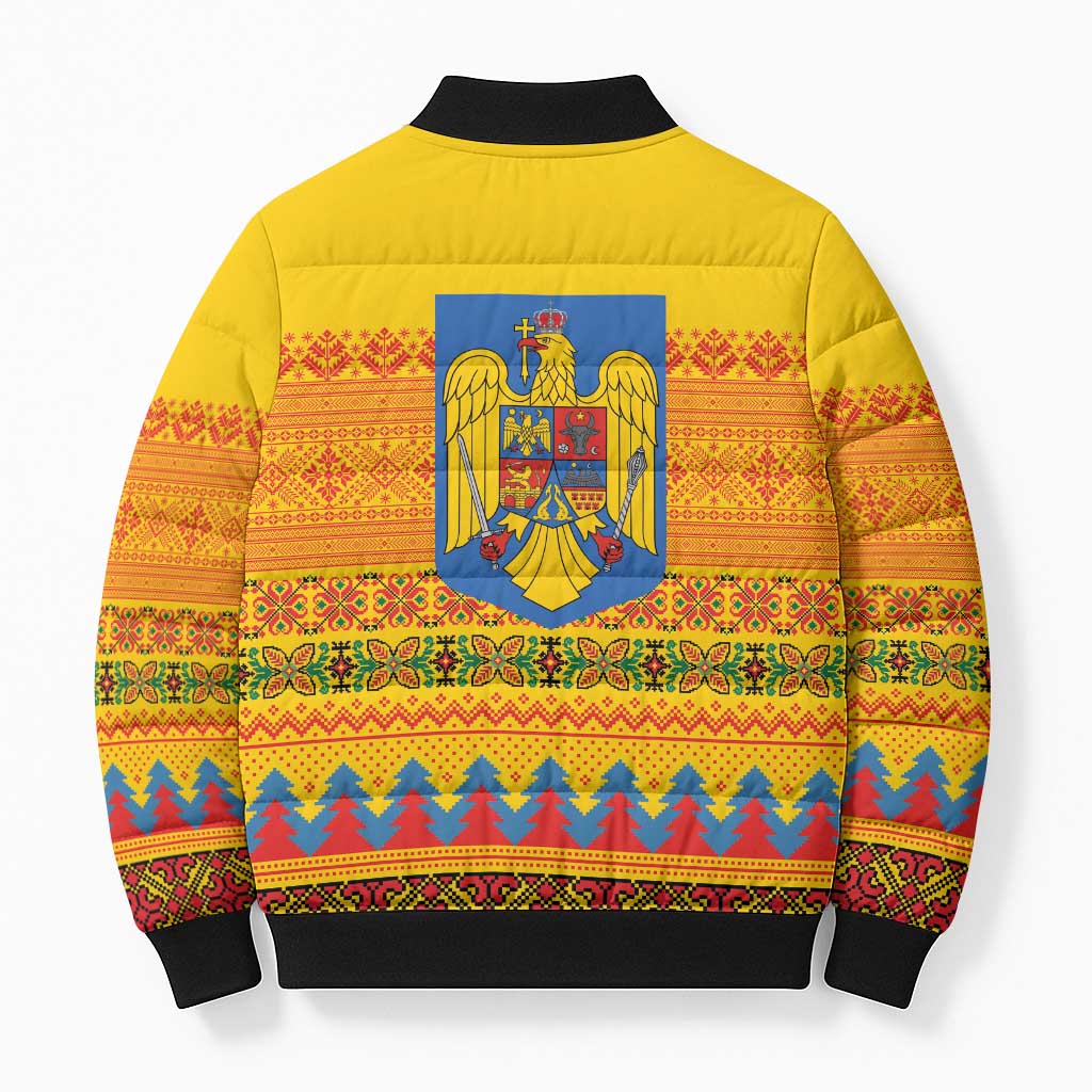 Romania Merry Christmas Bomber Puffer Jacket Romania Emblem Traditional Folk Art - Wonder Print Shop