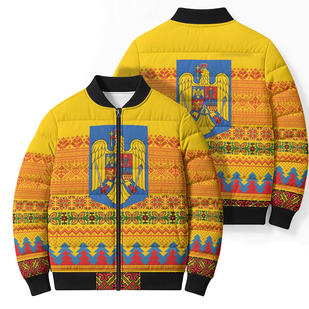Romania Merry Christmas Bomber Puffer Jacket Romania Emblem Traditional Folk Art - Wonder Print Shop