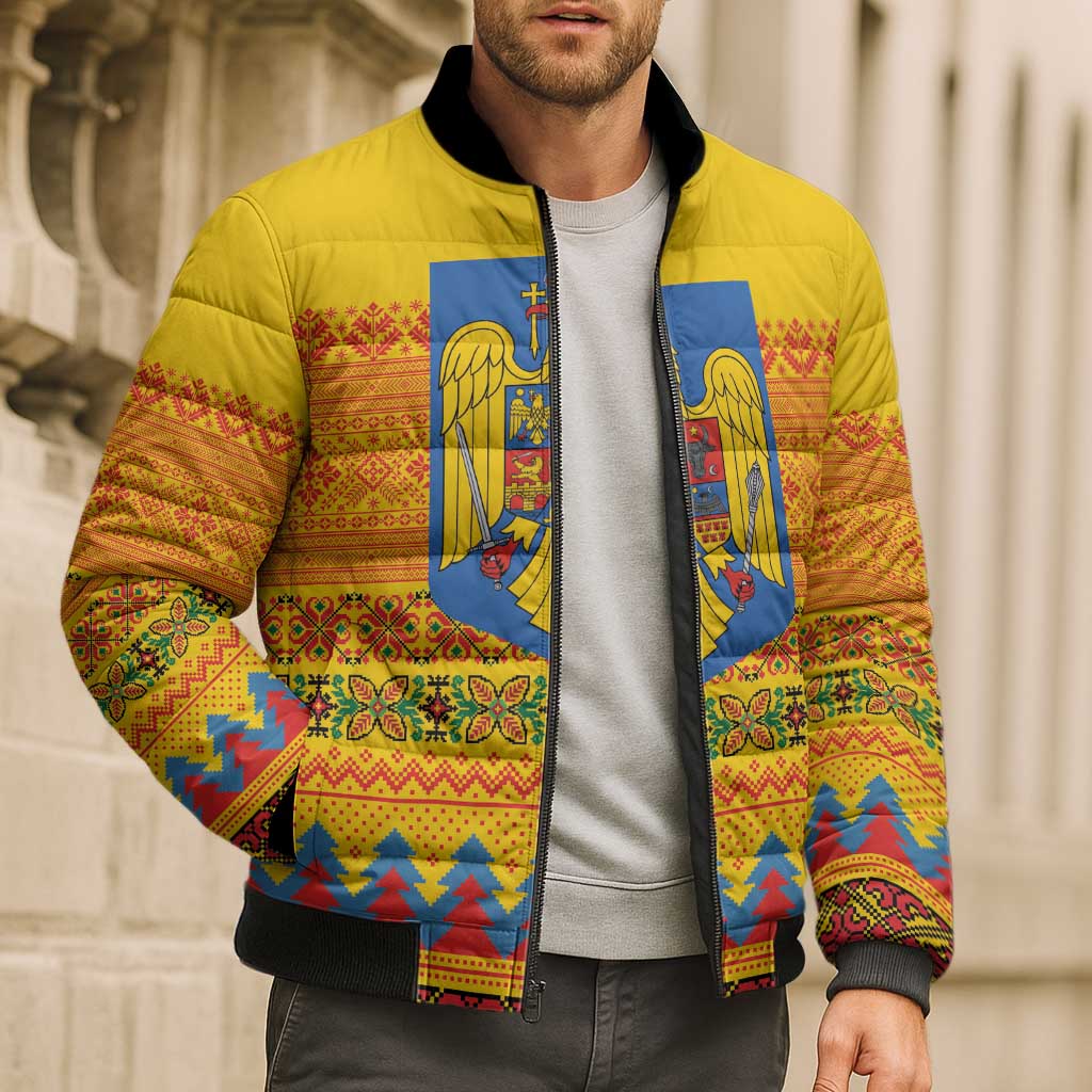 Romania Merry Christmas Bomber Puffer Jacket Romania Emblem Traditional Folk Art - Wonder Print Shop