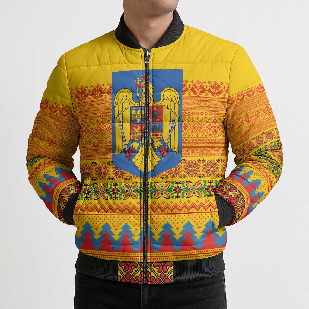 Romania Merry Christmas Bomber Puffer Jacket Romania Emblem Traditional Folk Art - Wonder Print Shop