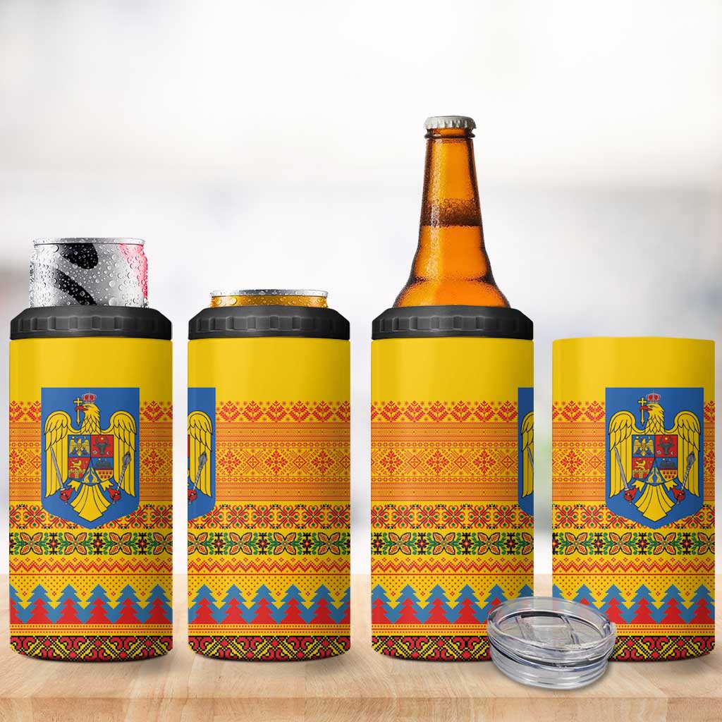 Romania Merry Christmas 4 in 1 Can Cooler Tumbler Romania Emblem Traditional Folk Art - Wonder Print Shop