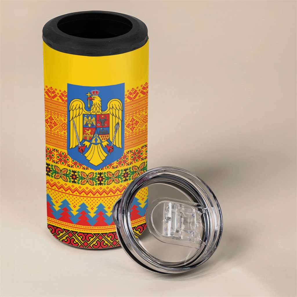 Romania Merry Christmas 4 in 1 Can Cooler Tumbler Romania Emblem Traditional Folk Art - Wonder Print Shop
