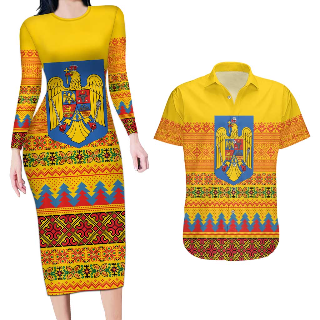 Romania Merry Christmas Couples Matching Long Sleeve Bodycon Dress and Hawaiian Shirt Romania Emblem Traditional Folk Art - Wonder Print Shop