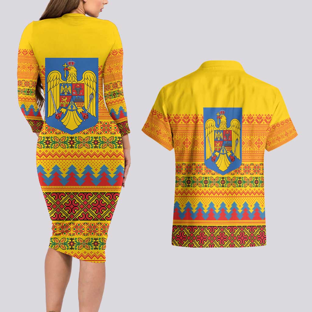 Romania Merry Christmas Couples Matching Long Sleeve Bodycon Dress and Hawaiian Shirt Romania Emblem Traditional Folk Art - Wonder Print Shop