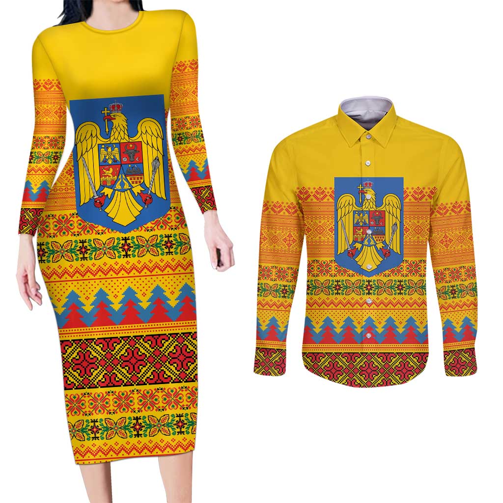 Romania Merry Christmas Couples Matching Long Sleeve Bodycon Dress and Long Sleeve Button Shirt Romania Emblem Traditional Folk Art - Wonder Print Shop