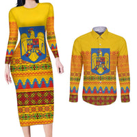 Romania Merry Christmas Couples Matching Long Sleeve Bodycon Dress and Long Sleeve Button Shirt Romania Emblem Traditional Folk Art - Wonder Print Shop