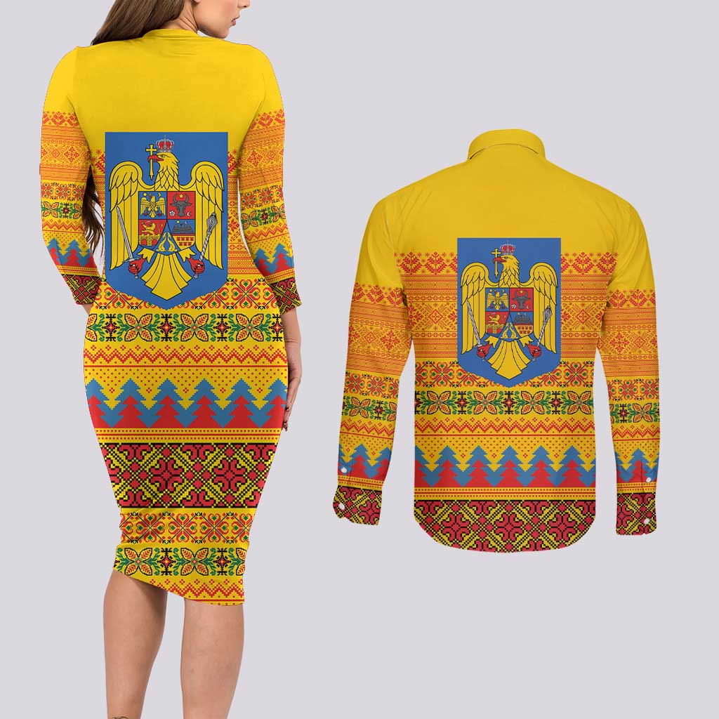 Romania Merry Christmas Couples Matching Long Sleeve Bodycon Dress and Long Sleeve Button Shirt Romania Emblem Traditional Folk Art - Wonder Print Shop