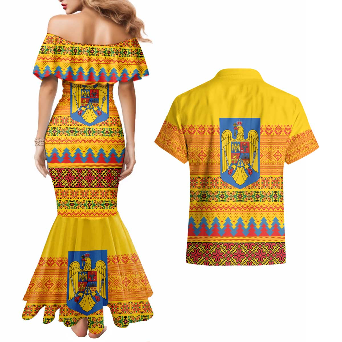 Romania Merry Christmas Couples Matching Mermaid Dress and Hawaiian Shirt Romania Emblem Traditional Folk Art - Wonder Print Shop