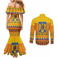 Romania Merry Christmas Couples Matching Mermaid Dress and Long Sleeve Button Shirt Romania Emblem Traditional Folk Art - Wonder Print Shop