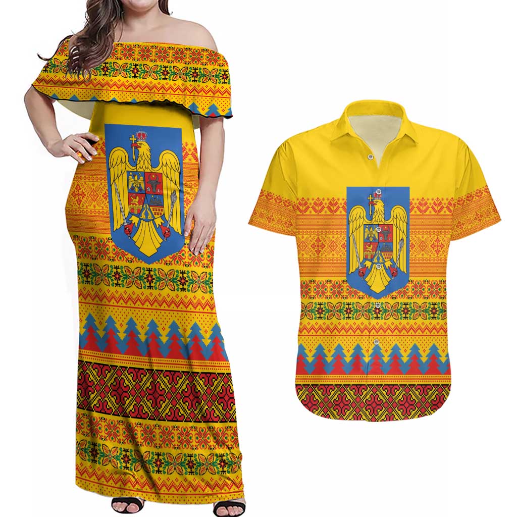 Romania Merry Christmas Couples Matching Off Shoulder Maxi Dress and Hawaiian Shirt Romania Emblem Traditional Folk Art - Wonder Print Shop