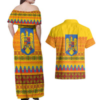 Romania Merry Christmas Couples Matching Off Shoulder Maxi Dress and Hawaiian Shirt Romania Emblem Traditional Folk Art - Wonder Print Shop