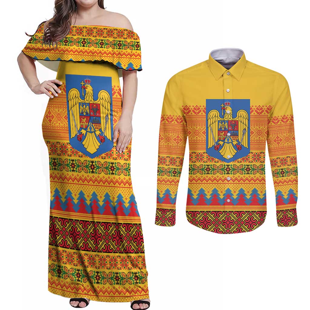 Romania Merry Christmas Couples Matching Off Shoulder Maxi Dress and Long Sleeve Button Shirt Romania Emblem Traditional Folk Art - Wonder Print Shop