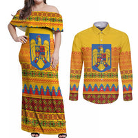 Romania Merry Christmas Couples Matching Off Shoulder Maxi Dress and Long Sleeve Button Shirt Romania Emblem Traditional Folk Art - Wonder Print Shop