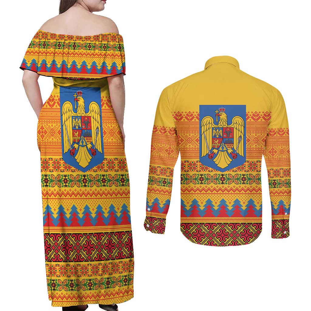 Romania Merry Christmas Couples Matching Off Shoulder Maxi Dress and Long Sleeve Button Shirt Romania Emblem Traditional Folk Art - Wonder Print Shop