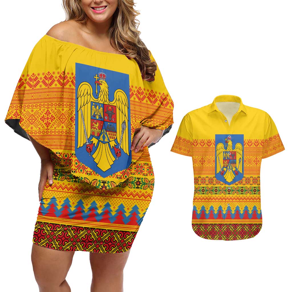 Romania Merry Christmas Couples Matching Off Shoulder Short Dress and Hawaiian Shirt Romania Emblem Traditional Folk Art - Wonder Print Shop
